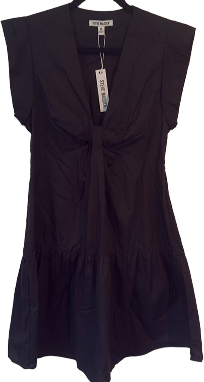 Steve Madden Cotton Poplin V-Neck Tiered Minidress Black Women's Medium NWT
